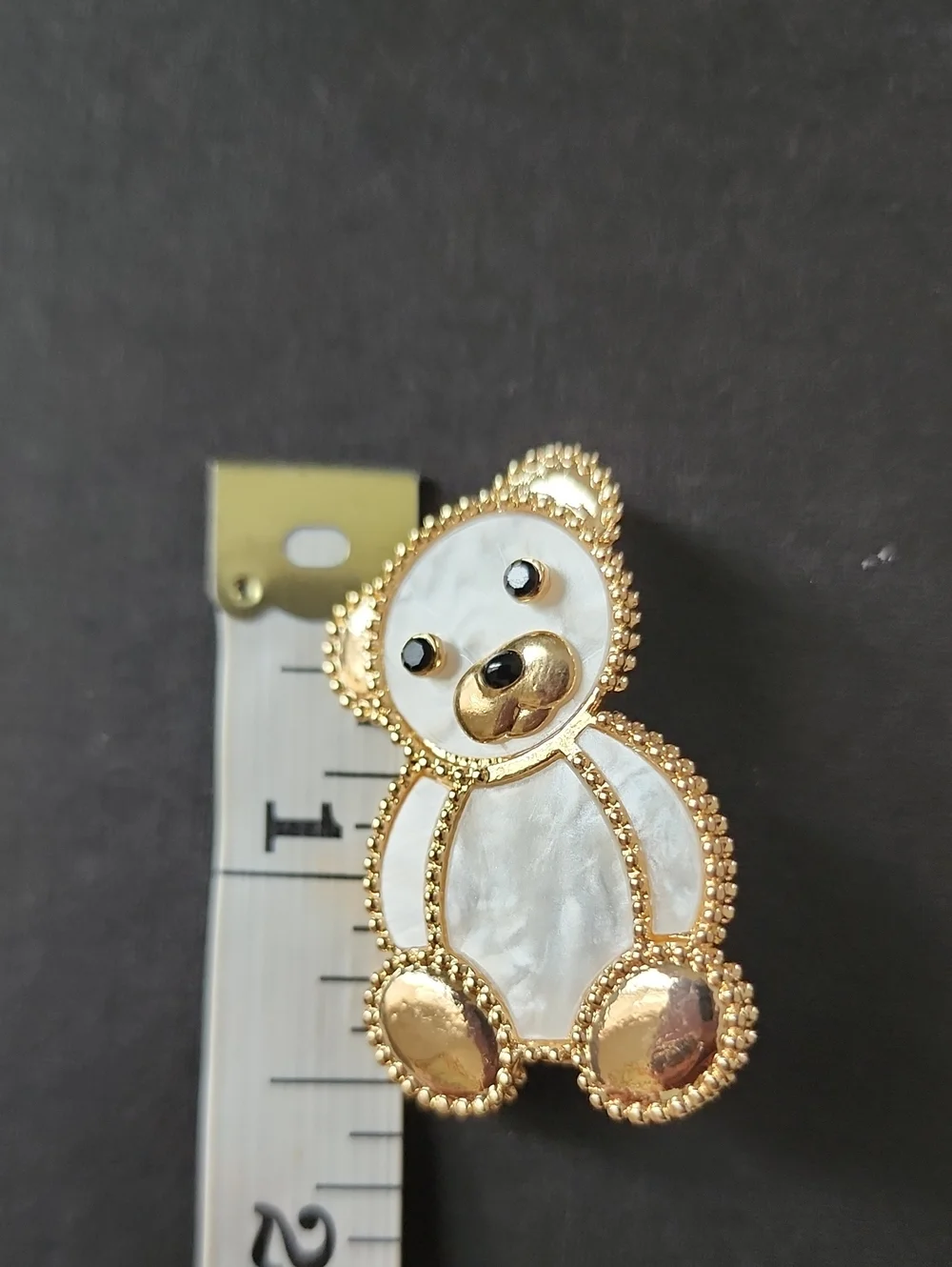 Teddy Bear Brooch Pin Gold Tone Pearlescent White